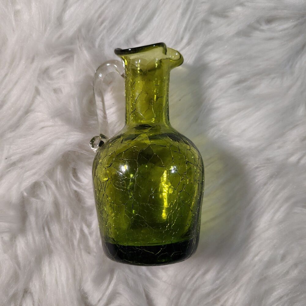 Vintage MCM Pilgrim Crackle Glass 5" Pitcher Clear handle